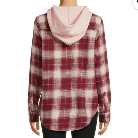Time & Tru hooded flannel shirt button down maroon cream pink plaid pattern L - Picture 2 of 8